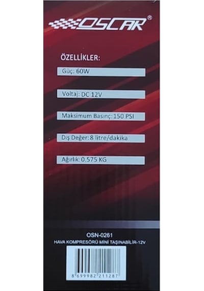 Oscar 12V Çakmaklık Girişli Oto Kompresör Hava Pompası