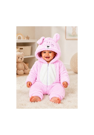 Kız Erkek Bebek Welsoft Peluş Tulum Kapüşonlu Fermuarlı Kışlık Bebek Tulumu Ayıcık Desenli Yumuşak Polar Tulum Pembe