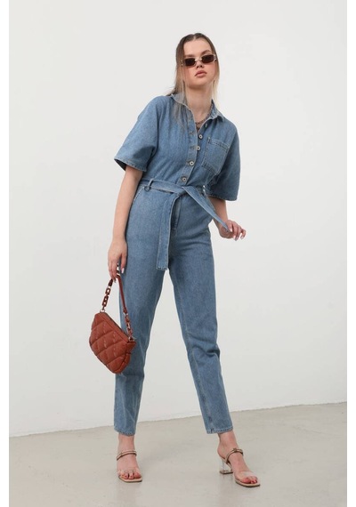 Banny Jeans Kadın Yarasa Kol Jean Tulum Mavi 001 Mavi M