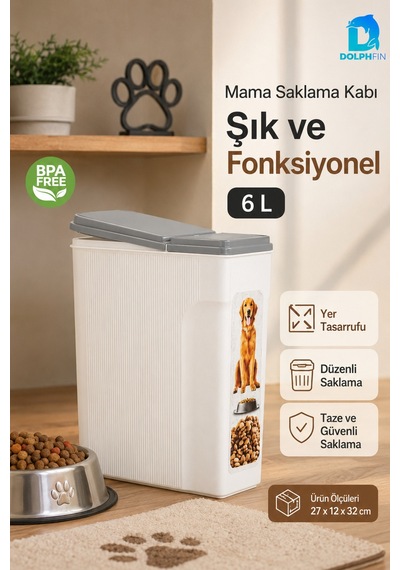 6 L Kapaklı Kedi Köpek Mama Saklama Kabı Bpa Free Dar Form Beyaz Gri Çok Renkli