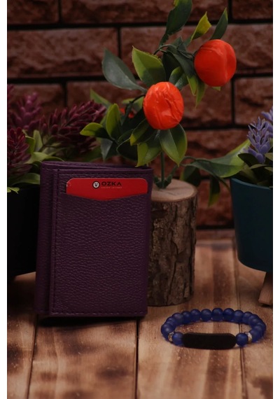 Ozka Leather Collection Otomatik Mekanizmalı Deri Kartlık - Mavi Bileklik Hediyeli 3 Mor