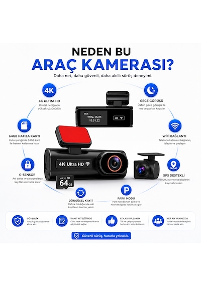 Hpytech 4k Ultra Hd Mini Araç Kamerası Ön Ve Arka Çift Kameralı Wifi Gps Destekli Gece Görüşlü 64gb Hafıza Kartlı G-sensörlü Araç İçi Kamera