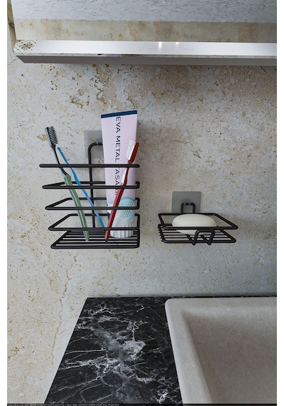 Corelle Kitchen Yapışkanlı Metal Diş Fırçalık + Sabunluk 2'li Set Siyah