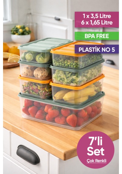 Vinoa 7'li 1x3.5 Litre + 6x1.65 Litre Bpa Free Mikrodalga Ve Difrize Uygun Yıkanabilir Saklama Kabı Çok Renkli