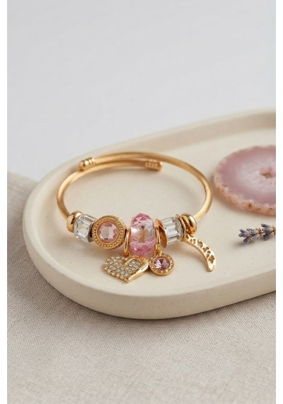Kalp Model Gold Renk Pembe Charmlı Bileklik Çok Renkli