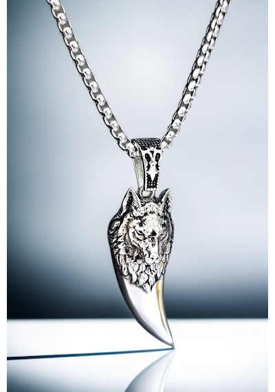 Ak Store Silver Gümüş Kaplama Krom-Çelik Erkek Kolye Madalyon Kurt Dişi Üzerine Bozkurt İşleme