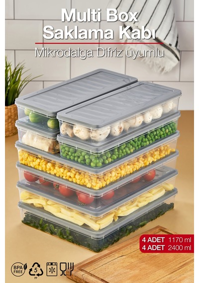 Multi Box 8 Parça 2 Farklı Boy Saklama Kabı Seti - Dondurucu & Mikrodalga Uyumlu Gri