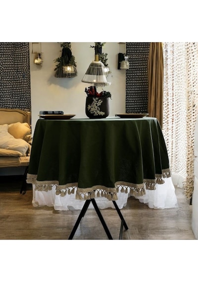 Dnc Home Tekstil  Premium Keten Haki Yuvarlak Ham Ponponlu Masa Örtüsü Haki