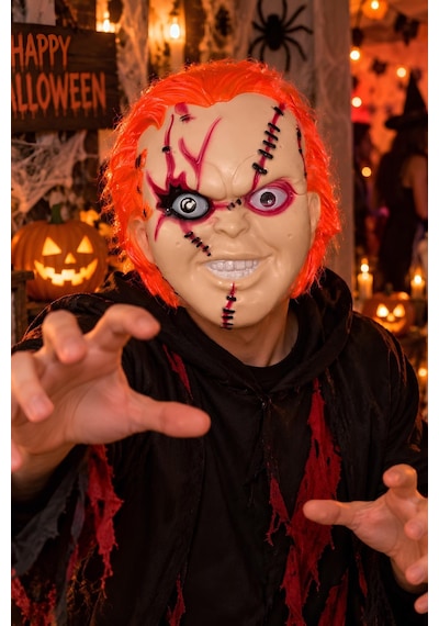 Chucky Maske Turuncu Saçlı Dikiş Detaylı Cadılar Bayramı Korku Maskesi Tüm Yaşlar