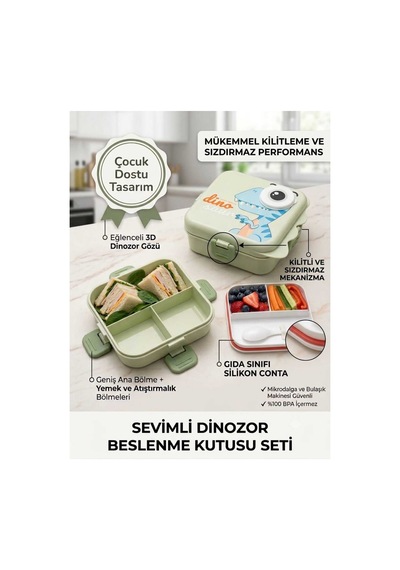 Beslenme Kutusu 3 Bölmeli Kilitli Kapak Dinazor Figürlü Plastik .