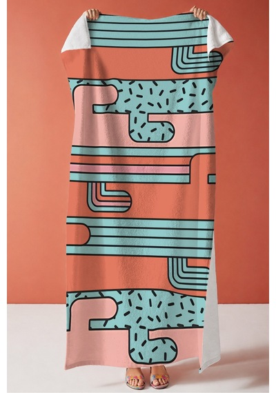 Geometrik Modern Çizgili Plaj Havlusu - Soyut Retro Turuncu Mint Hızlı Kuruyan Mikrofiber Havlu Çok Renkli