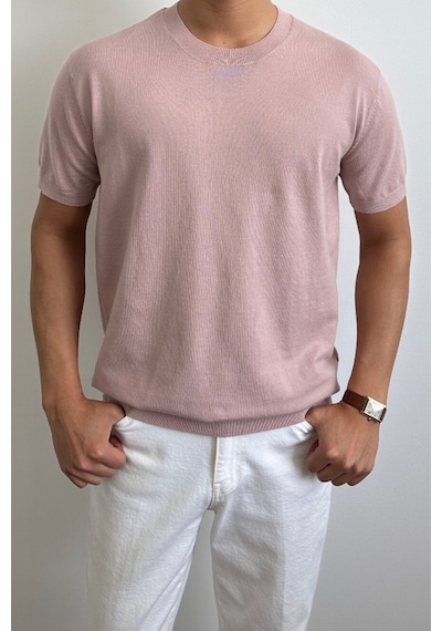Tarz Cool Erkek Slim Fit Bisiklet Yaka Triko T-shirt Pembe