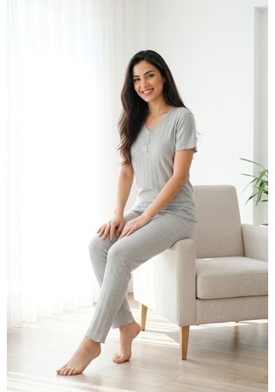Mataş Kadın Bambu Viskon Transfer Ribana Kısa Kollu Düğmeli Biyeli Soft Örme Pijama Takımı Gri