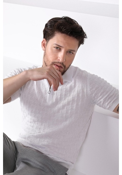 Ferraro Beyaz Polo Yaka Fermuarlı Erkek Pamuk Triko T-Shirt-Beyaz (429067769) Beyaz