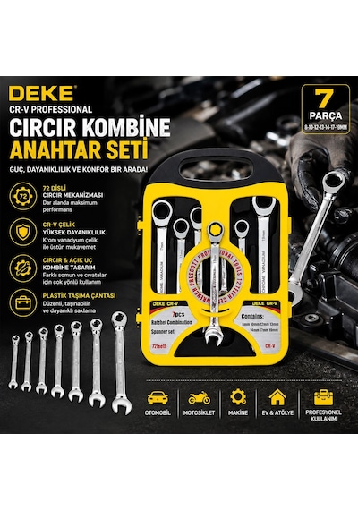 7 Parça Cr-v Lokmalı Kombine Anahtar Seti 8-19 Mm