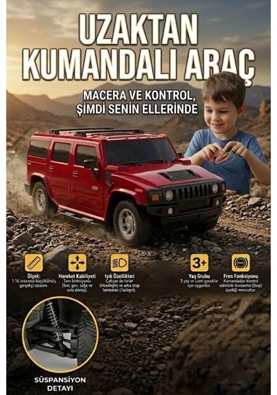 Uzaktan Kumandalı 7 Fonksiyonlu Işıklı Tepe Lambalı 1:16 Ölçek Hummer Suv Oyuncak Arazi Arabası Kırmızı