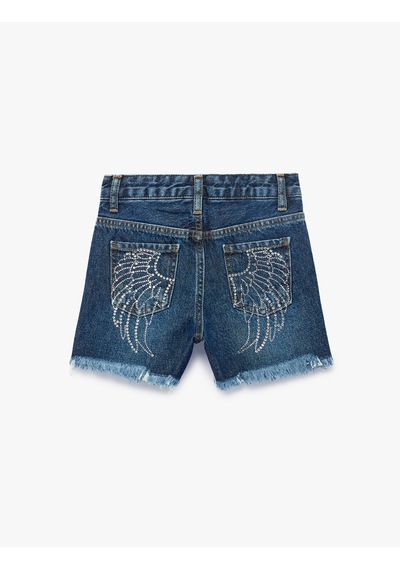 Koton Pamuklu Cepli Püsküllü Taş Detaylı Denim Şort Orta İndigo 6skg40124ad