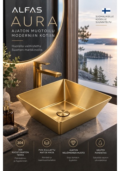 Alfas Aura Kare 40x40 Cm Pvd Mat Gold Tezgah Üstü Çanak Lavabo 304 Paslanmaz Çelik