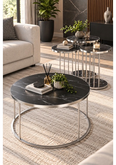 Sulorahome Siyah Mermer Desenli 4'lü Sehpa Seti Gümüş Metal Ayaklı