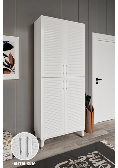 Panjurlu Metal Kulp Pnj4190 Ayakkabılık 4 Kapaklı Mutfak Dolabı Balkon Dolabı Kiler Banyo Dolabı Çok Amaçlı Dolap Beyaz Gümüş Beyaz - Gümüş