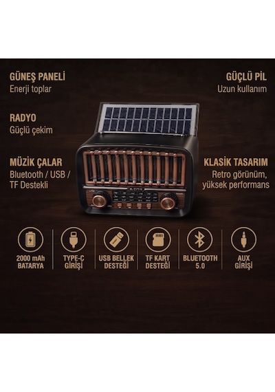 Büro Ev Ofis si İçin Nostalji Tema Solar Şarjlı Aux Bt Fm Radyo