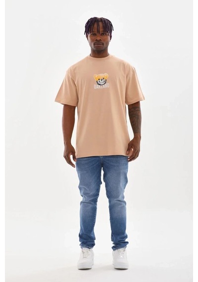 Erkek Baskılı T-shirt Kısa Kol Bisiklet Yaka Rahat Kalıp Tişört - Bej Bej