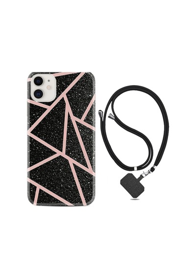 Iphone 11 Uyumlu Kılıf Desenli Silikon Boyun Askılı Pembe Şeritli Mermer 1312