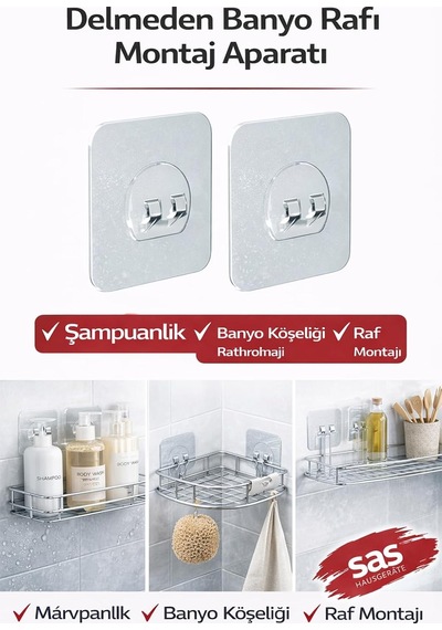 Sas Haus 4'lü Banyo Rafı Yapışkanı Delmeden Şampuanlık Ve Banyo Köşelik Montaj Aparatı Çok Renkli