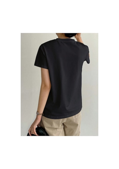 Cool Tarz Kadın Basic Ön Çizgi Detaylı Bisiklet Yaka Tişört Rahat Kalıp Günlük T-shirt Siyah Siyah