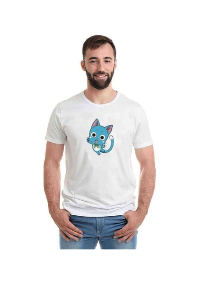 Tail Happy Happy Fairy Tail Baskılı Beyaz Erkek Tshirt