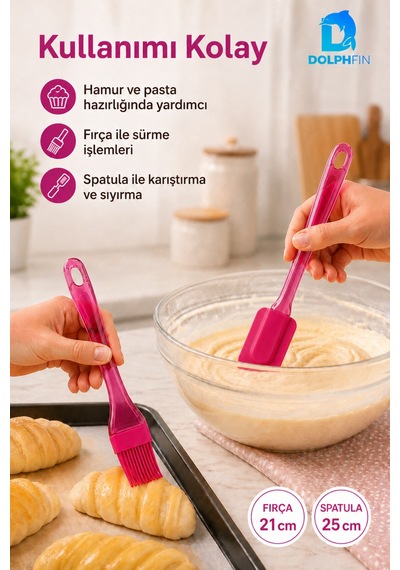 2 Li Silikon Spatula Ve Fırça Seti Pasta Hamur Kek Krema Sürme Karıştırma Mutfak Yardımcısı Pembe