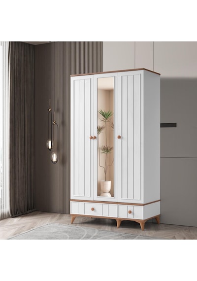 Beenal Sıla 3 Kapaklı Gardırop Çekmeceli Dolap 115cm. Beyaz-A.Çam