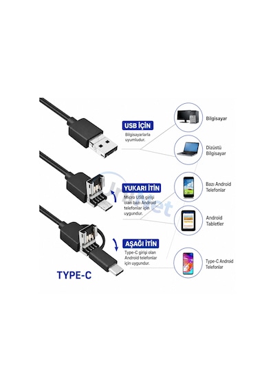 Uninet Türkiyede Ilk 5 Metre 3 Kameralı Android Ve Bilgisayar Uyumlu Endoskop Yılan Kamera 1080p Full Hd