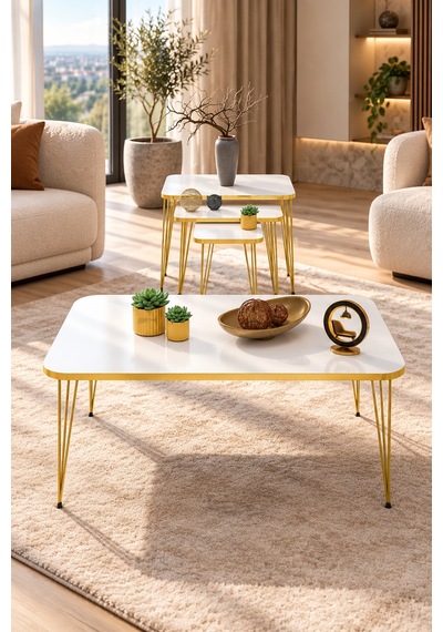Odera Çift Beyaz Orta Sehpa Ve Zigon Sehpa 4'lü Set Metal Tel Ayaklı Modern Retro Salon Sehpası Diğer