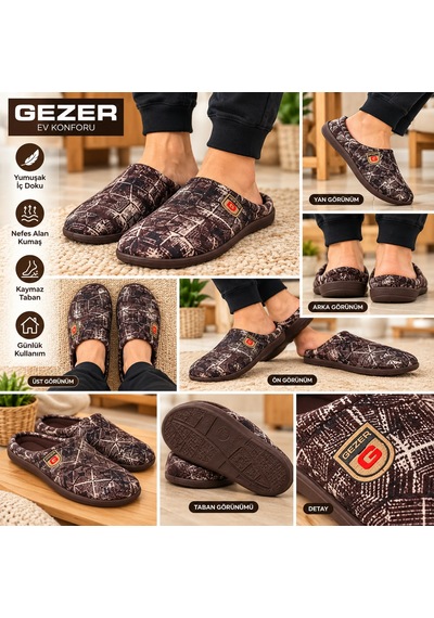 Gezer Erkek Ev Terliği Kahverengi Desenli Rahat Tabanlı Günlük Kullanım Terliği