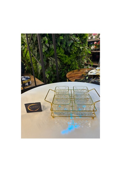Ars Paşabahçe Timeless Yaldızlı Kare Kase, Metal Gold Standlı 4'lü Çerezlik, Sunumluk, Kahvaltılık
