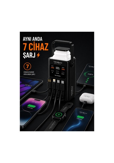 30.000 Mah Powerbank 22.5w Hızlı Şarj Lcd Ekran 4 Çıkış 4 Kablo Kamp Işıklı Taşınabilir Batarya Siyah