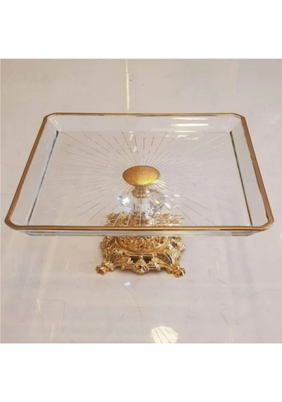 Argkristal Metal Ayaklı Gold Detaylı Paşabahçe Madlen Sunum Servis Tabağı Altın