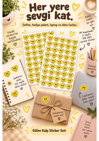 Gülen Kalp Sticker Seti 108 Adet 2 Sayfa Sarı Gülücük Kalp Sticker Defter, Laptop, Hediye Süsleme Etiketi Çok Renkli