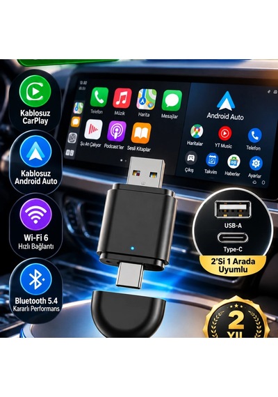 Kablosuz Carplay Ve Android Auto Adaptörü Usb-a & Type-c, Bluetooth 5.4, Wi-fi 6