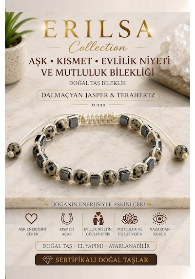 Sertifikalı Aşk Kısmet Evlilik Niyeti Mutluluk Bilekliği Dalmaçyan Jasper Terahertz 6 Mm Çok renkli
