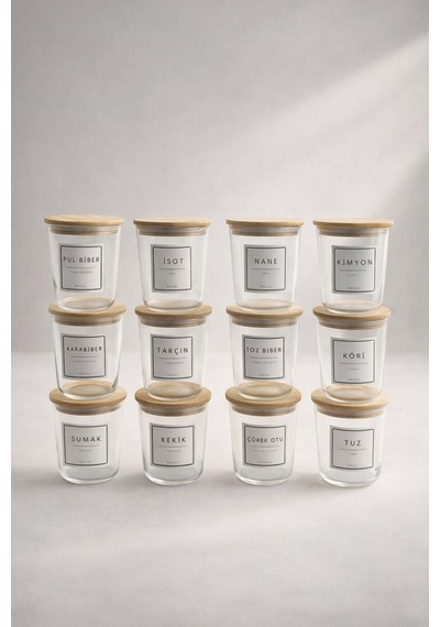 Motto - 12'li Bambu Vakum Kapaklı Etiket Hediyeli Cam Saklama Kabı Baharatlık Seti 315 Ml Diğer