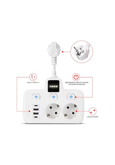 Termal Akım Korumalı 2'li Duvar Tipi Priz 2x Usb 2x Type-c Çıkışlı Priz Çoğaltıcı Beyaz Çocuk Kilit 0 M