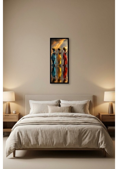 Sepet Taşıyan Afrikalı Kadınlar Çerçeveli Dekoratif Tablo 25x60 Cm Dikey Duvar Tablosu Salon Yatak Odası Ofis Dekoru