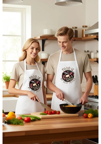 Erkek Unisex Mutfak Aşçı Önlüğü Retro Grafik Baskılı Yemek Temalı Beyaz