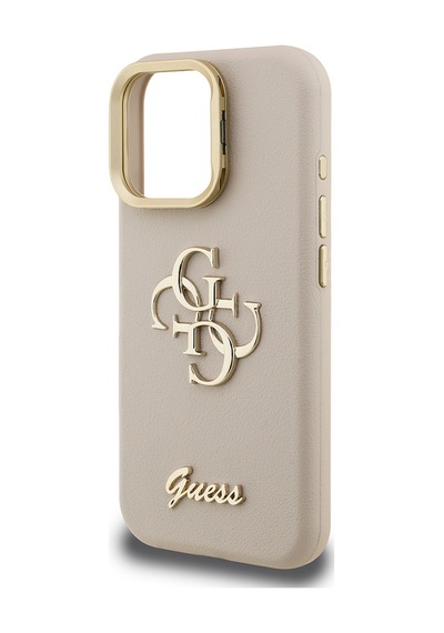 Apple Uyumlu iPhone 15 Pro Kılıf Guess Lisanslı Grained Yazı Logolu Kamera Standlı Kapak Bej