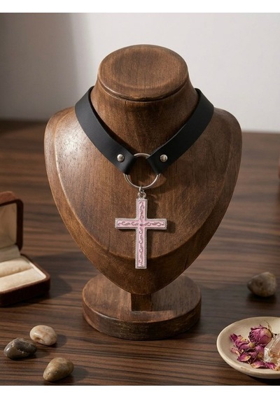 Kadın Gotik Haç Choker Kolye Siyah Deri Boyunluk, Taşlı Haç Kolye Ucu, Y2k Punk Gothic Ayarlanabilir Kolye Pembe