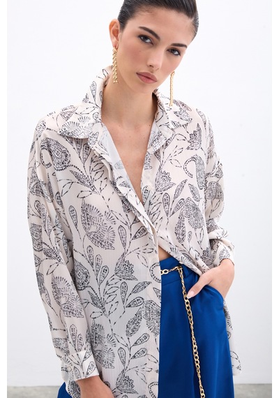 Sateen Desenli Saten Gömlek - Ekru-135962 Ekru