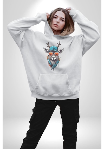 Güneş Gözlüğü Savaşcı Geyik Kadın Erkek Beyaz Kapüşonlu Sweatshirt Hoodie Beyaz