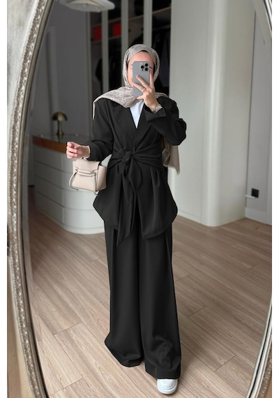 Ka Hijab Yandan Bağlamalı Ceket Takım - Siyah